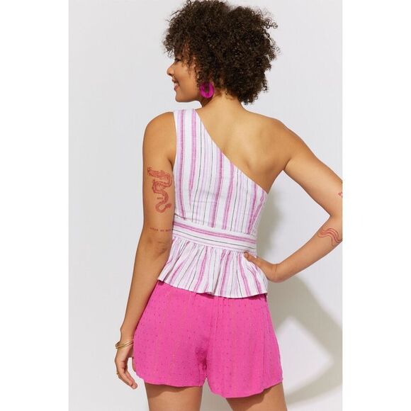 New Francesca's Slone‎ One Shoulder Stripe Peplum Linen Blend Top Small - Picture 2 of 15